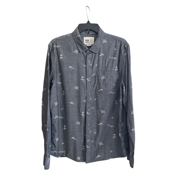 Reef Shirt Men's Size L Gray Long Slv Button Up Beach Hawaii Palm Trees Tropical - Picture 1 of 6
